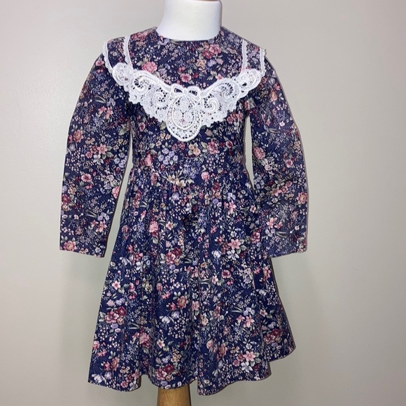 Jessica McClintock Gunne Sax navy floral lace collar double bow dress size 5 - Picture 1 of 10